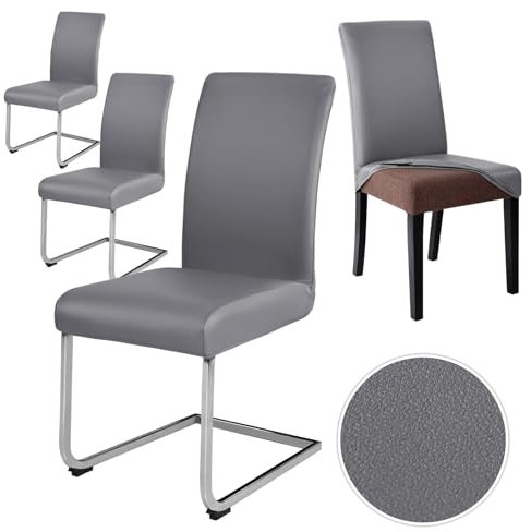 Alishomtll Stretch PU Stuhlhussen 4er Set Kunstleder Stuhlbezug Schwingstuhl wasserdicht Elastische Esszimmer Universell Waschbarer Stuhlbezüge für Küche Restaurant Hotel Hochzeit (Grau, 4 Stück)