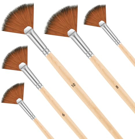 Dimeho 5 Pcs Fan Brushes for Painting, Fan Paint Brushes for Acrylic Painting Anti-Shedding Fan-Shaped Nylon Hair Brush Tips Long Wood Handle Artist Series Drawing Supplies for Watercolor Oil Painting