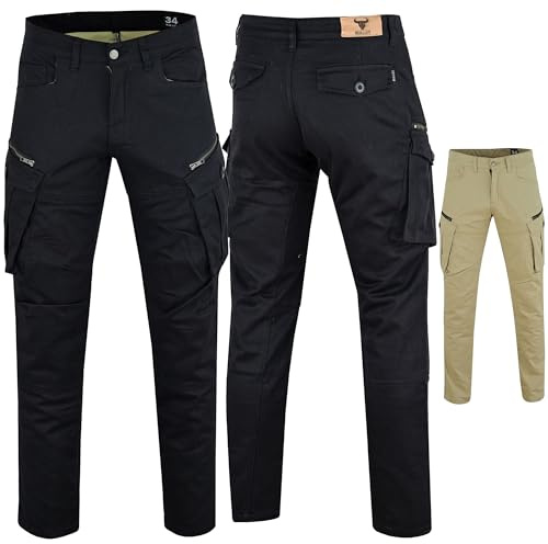 BULLDT Motorradhose Herren Motorrad Cargo Hose Motorradjeans mit Protektoren Baumwolle mit Aramidfaser Verstärkung 9 Taschen Herausnehmbare Knie und Hüftprotektoren