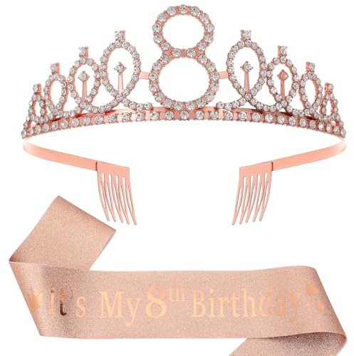 Décorations de 8e anniversaire pour filles, écharpe à paillettes or rose et couronne en strass pour décoration d'anniversaire de fille de 8 ans, cadeau de princesse idéal pour petite fille (or rose