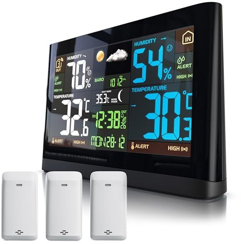 Brandson - Wetterstation Funk mit 3 x Außensensor (3 Zonen) - DCF Empfangssignal Funkuhr - Innen- und Außentemperatur - relativer Luftdruck - Barometer - Temperaturtrend – Lichtsensor - LCD-Display