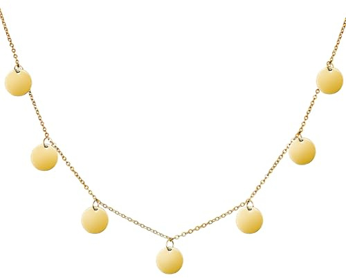 RUGGED steel - Damen Edelstahl Coin-Kette 45 + 5 cm - 7 runde hochglanzpolierte Plättchen Anhänger - wasserfest, farbbeständig, dauerhafter Glanz (inkl. Schmuck-Box) - Gold