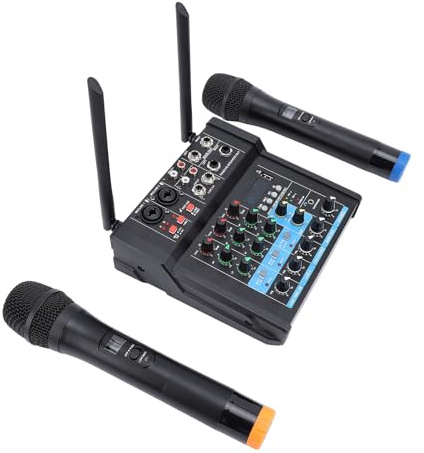 CHICIRIS Console de Mixage de Bureau, Table de Mixage Audio 4 Canaux avec Double Micro sans Fil, Carte Son USB 48 V Alimentation Fantôme pour karaoké, Enregistrement en Studio sur (Prise