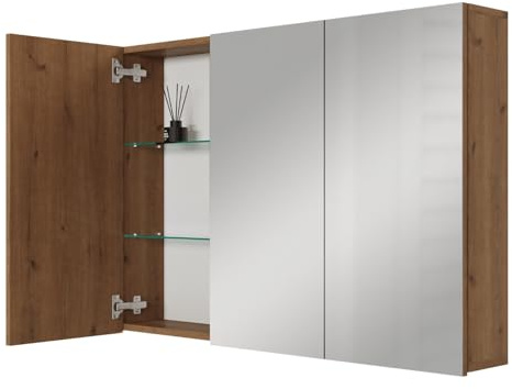 Planetmöbel ARIA Spiegelschrank Bad 100 cm breit | Badschrank hängend mit Spiegel | Gold Eiche, ohne Leuchte und Steckdose, Spiegelschrank Gäste WC 100 x 70 x 16 cm