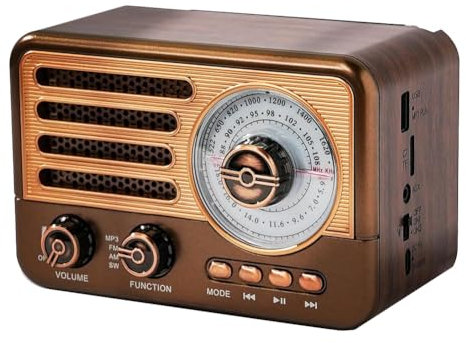 Qusedwey Radio Retro Portátil, Mini Receptor de Radio FM/Am/SW, Altavoz Bluetooth Vintage con Linterna LED, Compatible con para Tarjeta TF, USB AUX
