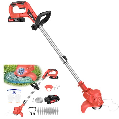 Akku Rasentrimmer mit Akku, 21V Elektrischer Akku Motorsense & Rasentrimmer Rasen, Akku Freischneider Elektrischer Elektro Trimmer Gartenkantenfräser für Garden, Trimmen, Rot