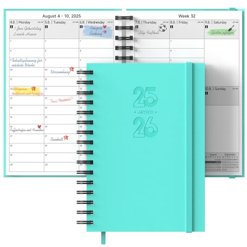 JAYSOO® Kalender 2025-2026 Wochenplaner 21x14.5cm Tageplan und Stundenplan, 17 Monate Terminplaner Spiralblock (Jul.2025-Dez.2026) für Arbeit, Lernen und Familienplan - Blaugrün