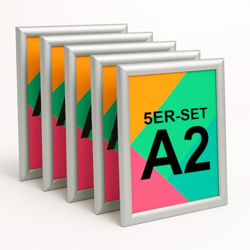Aluanz Klapprahmen A2 Silber - 5er Set - Bilderleiste, Wechselrahmen mit Antireflexfolie, Posterleiste für Wandmontage, Posterrahmen Hoch- und Querformat, Plakatrahmen - 63 x 45 x 1,2 cm
