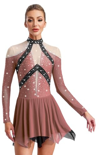 Miutii Vestido de patinaje artístico para mujer, vestido de ballet con purpurina, manga larga, vestido de patinaje sobre ruedas, strass, patchwork, vestido de baile lírico, vestido de baile