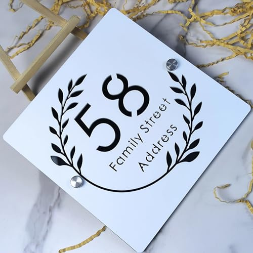 Numéro de maison personnalisé en acrylique découpé au laser, plaque d'adresse pour la maison (blanc noir)