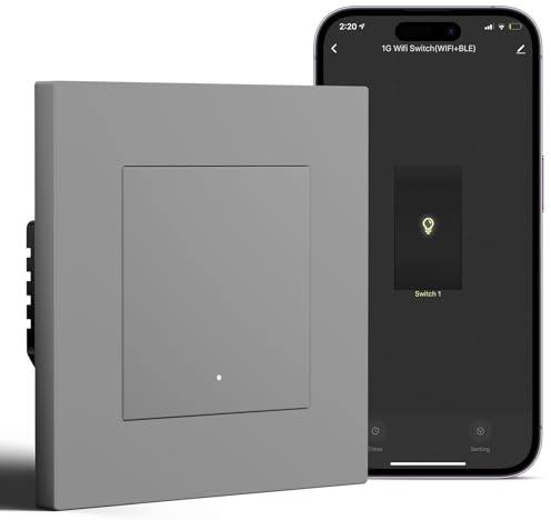 BSEED Smart Interruptor Empotrado 1 Gang 1 Vía Compatible con Alexa/Google Home, WiFi Pulsador de Pared Marco de PC que Funcionan con APP Smart Life/Tuya, Gris(Requiere Cable Neutro)