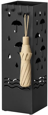 Todeco Regenschirmständer Metall, 4 Haken, Abnehmbare Tropfschale, Schwarz | Rostbeständig beschichtet, rutschfester Standfuß, für lange & Faltschirme, für Flur, Zuhause & Büro, 15,5x15,5x49 cm