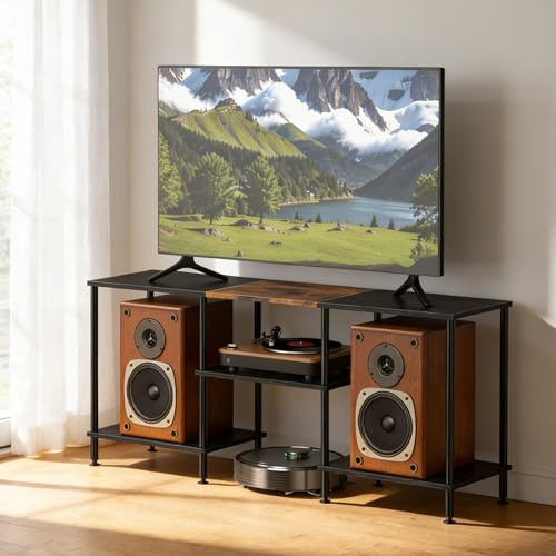 UOMIO Wooden TV Stand Cabinet TV Units With 3-Tier Shelf TV Stands for Living Room Adjustable Feet Rustic TV Unit for TVs Under 50 in TV Cabinet for Bedrooms Living Rooms Apartments (Black)