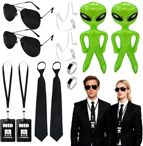 WanderGo Men in Black Costume Accessories Set, 12Pcs Secret Service Dress Up Kit with Tie Sunglasses ID Holder Earpiece Alien Figure for Women Men Halloween Cosplay Party Carnival Fancy Dress