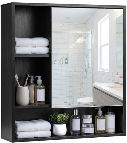 COSTWAY Spiegelschrank, Badezimmerschrank mit Spiegeltür & 3 offenen Regalen, Hängeschrank, Aufbewahrungsschrank, Wandschrank für Waschküche, Badzimmer & Flur, 56 x 16 x 61 cm (Schwarz)