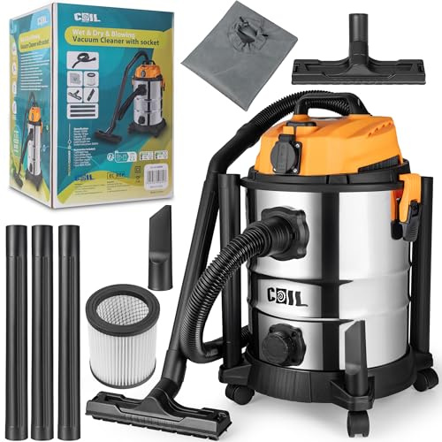 COIL Dammsugare 1 300 W 25 l industridammsugare med uttag och blåsfunktion, HEPA-filter för verkstad, byggarbetsplats, garage, behållare av rostfritt stål