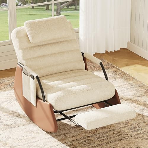 Hoscullo Mecedora con respaldo de 3 niveles y reposapiés extensible, sillón relax con acolchado grueso y reposacabezas, silla balancín para salón y lactancia, color beige