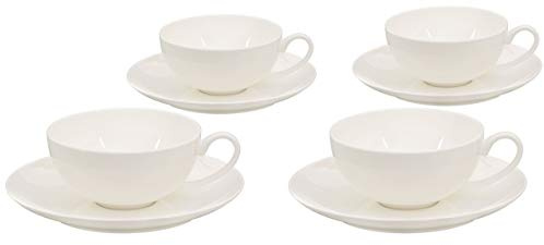 Buchensee Teetassen Set aus Fine Bone China Porzellan. 4 Teetassen je 150ml und 4 Unterteller in fein-cremigem Weiß.