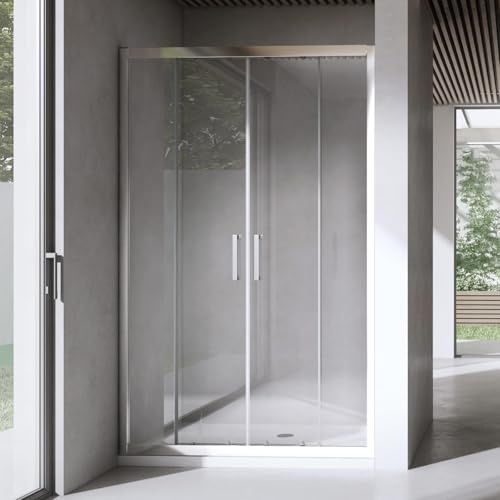 Yellowshop - Porta Doccia Scorrevole Extra 130 cm 2 Ante + 2 Fisse in Vetro Temperato Trasparente 6 mm – Altezza 195 cm – Profili in Alluminio Effetto Acciaio