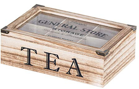 Farmers Market Vintage Wooden 6 Compartment Tea Bag Storage Caddy Box