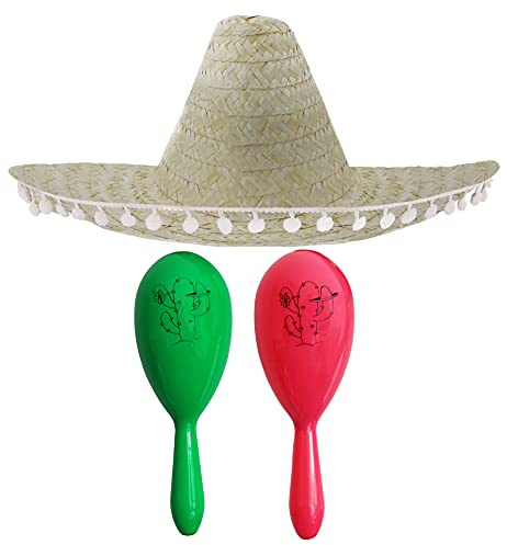 Mexikansk underbar klänning tillbehörsset – Mexikansk SOMBRERO med Maracas – perfekt för Mexikanska fantastiska klänningar Sensorita bandit mariaachi snygg klänning (naturlig POM SOMBRERO + grön och rosa maracas)