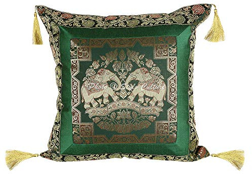 Stylo Culture Boho Forros De Cojines Decorativa 45x45 cm Brocado De Seda Elefante Fundas Almohadones Sofa Verde 18x18 Inch Borlas De Jacquard Cuadrado Cremallera Fundas Almohadones para Sillas - 1 Pc