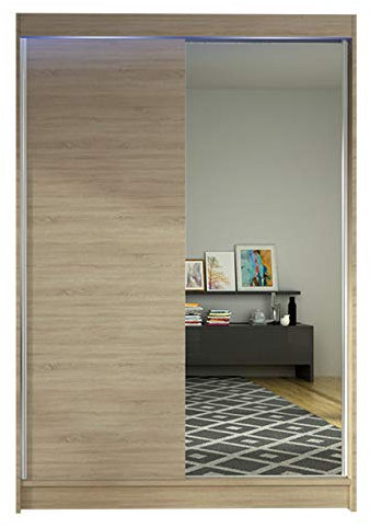 Mirjan24 Kleiderschrank Lino I, Frontspiegel, Schlafzimmerschrank, Garderobenschrank, Dielenschrank, Flurschrank, Schiebetürenschrank (Sonoma Eiche/Sonoma Eiche + Spiegel, mit RGB LED Beleuchtung)