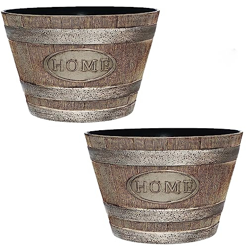 Classic Home and Garden Whiskey Plastic Resin Home Flower Pot Barrel Planter, Oak Brown, 15 (Pack of 2)