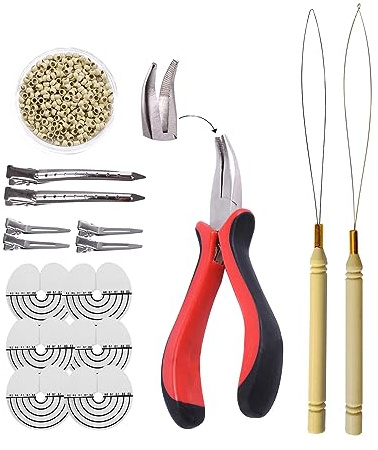 Hair Extensions Kit: I-tip Hair Pliers,Pulling Needle,Loop Threader and 500 Pieces 2.5mm Hair Extension Nano Beads Rings (Blonde)