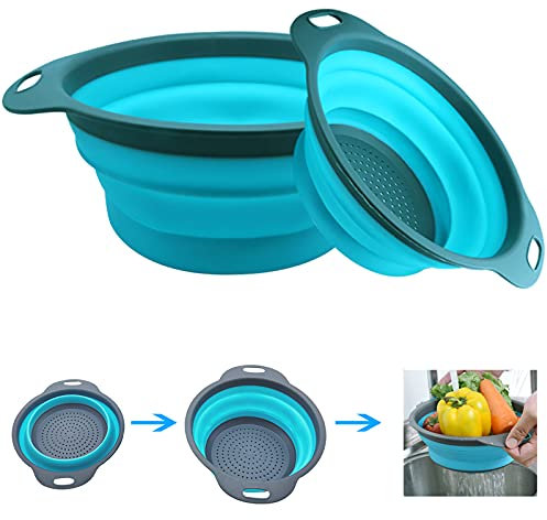 Scolapasta in Silicone Pieghevole, JYTZ 2 Pezzi Pieghevole Colino Cucina Frutta Verdure Basket ​per Lavandino della Cucina Salvaspazio Food Grade Kitchen Strainer, Lavabile in Lavastoviglie