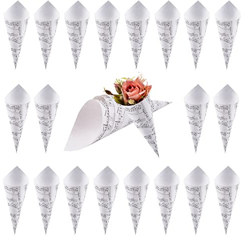WANDIC Kraftpapier-Kegel, 50 Stück, weiß, Hochzeitskonfetti-Papier, Blumenstrauß, Blütenblätter, Tüten mit Musiknoten für Hochzeit, Party, Geschenke, Verpackung