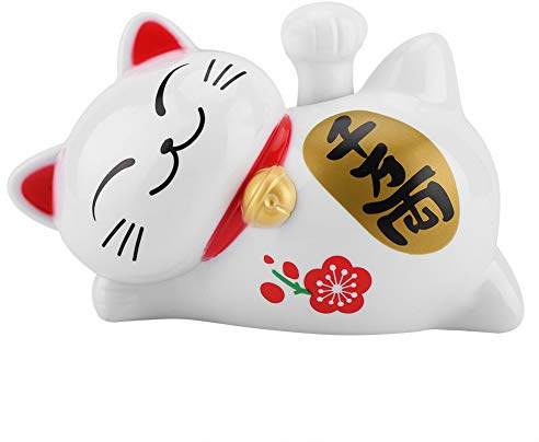 Solarbetriebene Glückskatze, Glücksbringer, Winkender Arm, Faule, Liegende Katze, Reichtum, Glückskatze, Feng Shui-Dekoration für Zuhause, Geschäft, Weiß(Zigtausende)