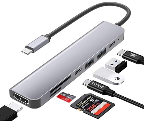 7 in 1 USB C Hub Splitter Docking Station Dongle Dual USB 3.0 Multi Port Adapter, HDMI 4k 60Hz Type C Data Port, SD/TF Card Reader Fast Charge Compatible with MacBook, iPad, Samsung, Dell XPS, Laptop