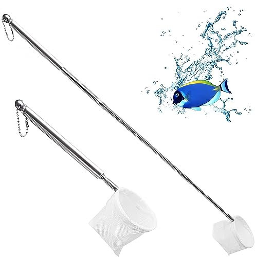 Retino da pesce, retino per acquario, con manico telescopico, in acciaio inox, per catturare piccoli pesci e gamberetti e per pulire (Girare, Bianco)