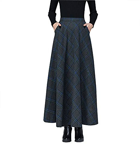 Artykey Rutig maxikjol för vintern, elegant med hög midja, varm, lång veckad kjol i ull med elastisk midja, storlek S–3XL, I grå, XL