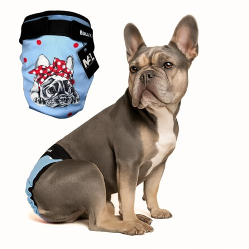 MyBullyLove Läufigkeitshöschen für Französische Bulldoggen – Wiederverwendbare Hundewindel ohne Rutenloch, Handgefertigt & Stufenlos Verstellbar, Blue Bully, Standard (42-47cm Hüftumfang)