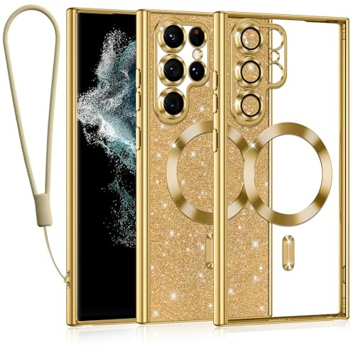 Kokio Handykette für Samsung Galaxy S22 Ultra 5G Hülle mit Band, [Kompatibel mit MagSafe] Glitzer Magnetisch Handyhülle für Samsung S22 Ultra Weich Silikon TPU Stoßfeste Schutzhülle, Gold