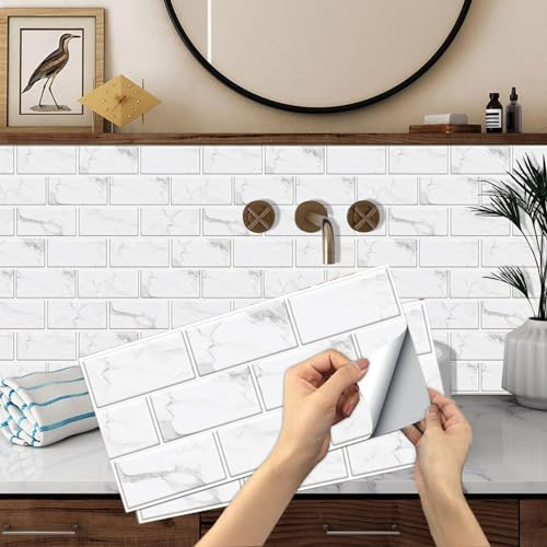 18 stück Fliesenaufkleber 15x30cm, BYLife Klebefliesen Vinyl Fliesen Selbstklebend Fliesenfolie PVC Metro Fliesen Küchenrückwand für Bad Küche