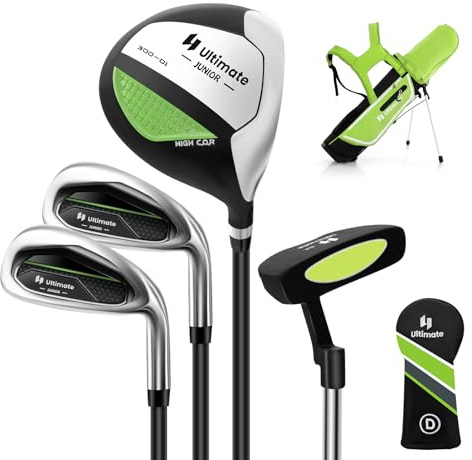 COSTWAY Ensemble Club de Golf Portable pour Enfants de 8 à 10 Ans, Set de Golf Complet Sac Trépied avec Capuche Anti-Pluie Driver #1 Fers #7 et #S et Putter, pour Droitier(Vert)