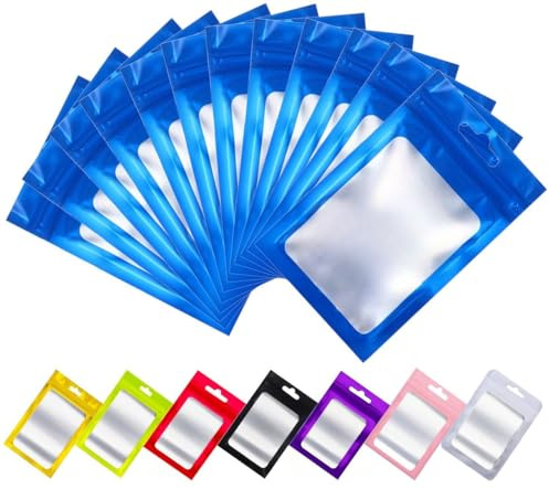 Rimiko 150 Pezzi Sacchetti di Alluminio con Finestra, Bustine in Mylar con Zip, Buste Ermetica a Chiusura per Alimenti e l'Imballaggio (Blu, 10,5x15 cm)