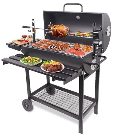 Outdoor Barbecue Charcoal Rotisserie BBQ Grill, Wheels, Large Cooking Grill, Side Table