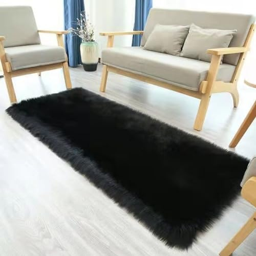 YUGWNN Schwarz Schaffell Kunstfell Fellimitat Teppich Bettvorleger Fell,Schaukelstuhl Auflage Dekofell,Rechteckig 60x120cm/23.6x47.2in