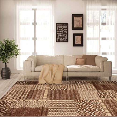 Superior Indoor Area Rug, Jute Backing, Color Block Patchwork Rugs for Entry, Living Room, Kitchen Floors, Office Floor Cover, Diamond Striped Eclectic Rug, Dorset Collection, 7' x 9', Brown