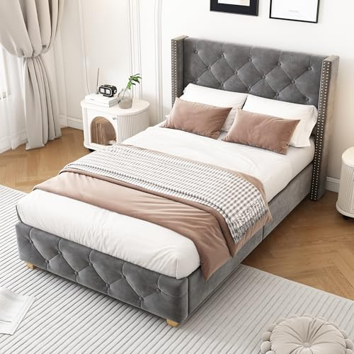 Zravenna Polsterbett 90x200cm, Doppelbett betten mit Lattenrost und Metallrahmen Bettgestell, Polster kopfteil mit Knopf-Nieten-Dekoration, Holzbeine, Samt (Grau, 90x200cm)