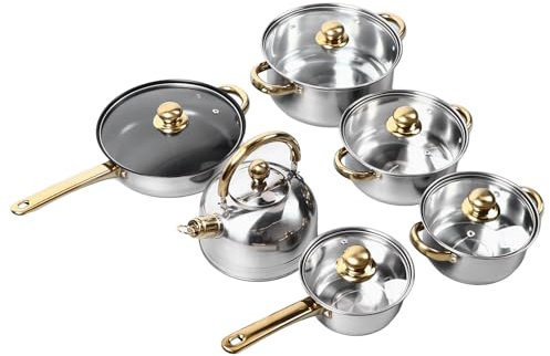 Lot de 12 Casseroles en Inox, Pots de Cuisine au Design Moderne avec Poignées Dorées, Construction Robuste de Distribution de Chaleur, Compatible avec les Poêles