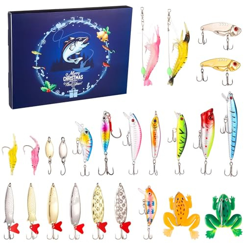 Angelköder Adventskalender, Angeln Advent Countdown Kalender 24 Tage Angeln Adventskalender 2024 Weihnachts Angelzubehör Set für Erwachsene Jugendliche Männliche und Männliche Angler