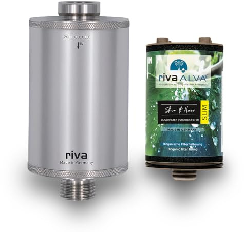 rivaALVA Skin & Hair SLIM Edelstahl Duschfilter - Wasserfilter für die Dusche, filtert Schwermetalle, Chlor - mit bioganischem Kartuschengehäuse