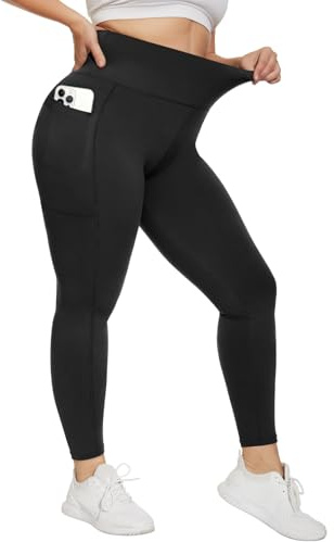 HIPOWER Leggings Damen High Waist Leggins Große Größen Blickdicht Schwarz Sportleggins Lang Bauchweg Plus Size Sporthose Elastische Yoga Pants Laufhose(Schwarz-mit Taschen,L-XL)