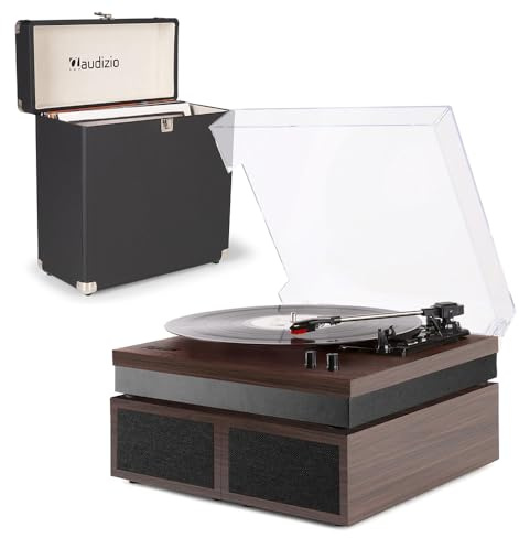 Fenton RP165D Modern Record Player with Speaker, Bluetooth, 3-Speed Settings (33 1/3, 45, 78 RPM), 100W Output, Vinyl Case, Dark Wood, Record Storage Case