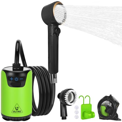 ULTAC Camping Shower Pump, 10000mAh Outdoor Electric Shower Pump Rechargeable IPX7 Waterproof Camp Shower with LED Display and 2 Head Nozzle for Camping, Hiking, Travel, Car, Pet(Green)